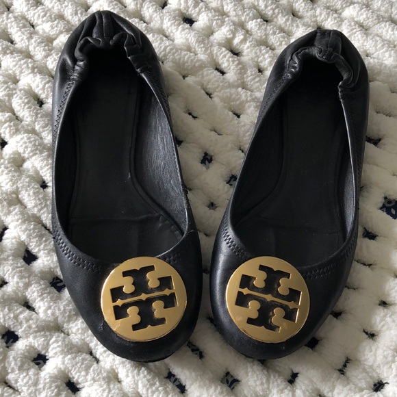 Tory Burch Shoes - Tory Burch Reva ballet flats. Gold medallion. Black leather. Size 8 1/2.EUC